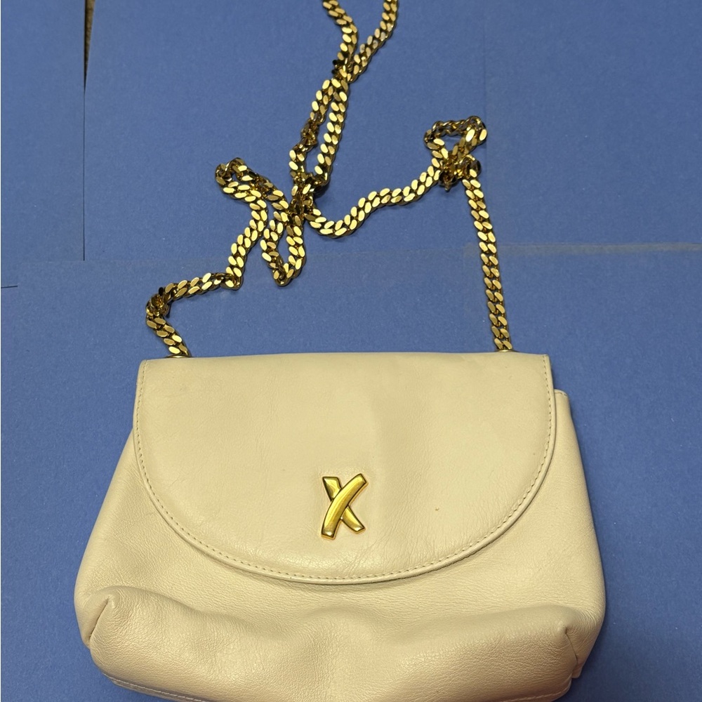 Paloma Picasso Beige LeatherVintage Crossbody Bag with Gold Chain, Made in Italy